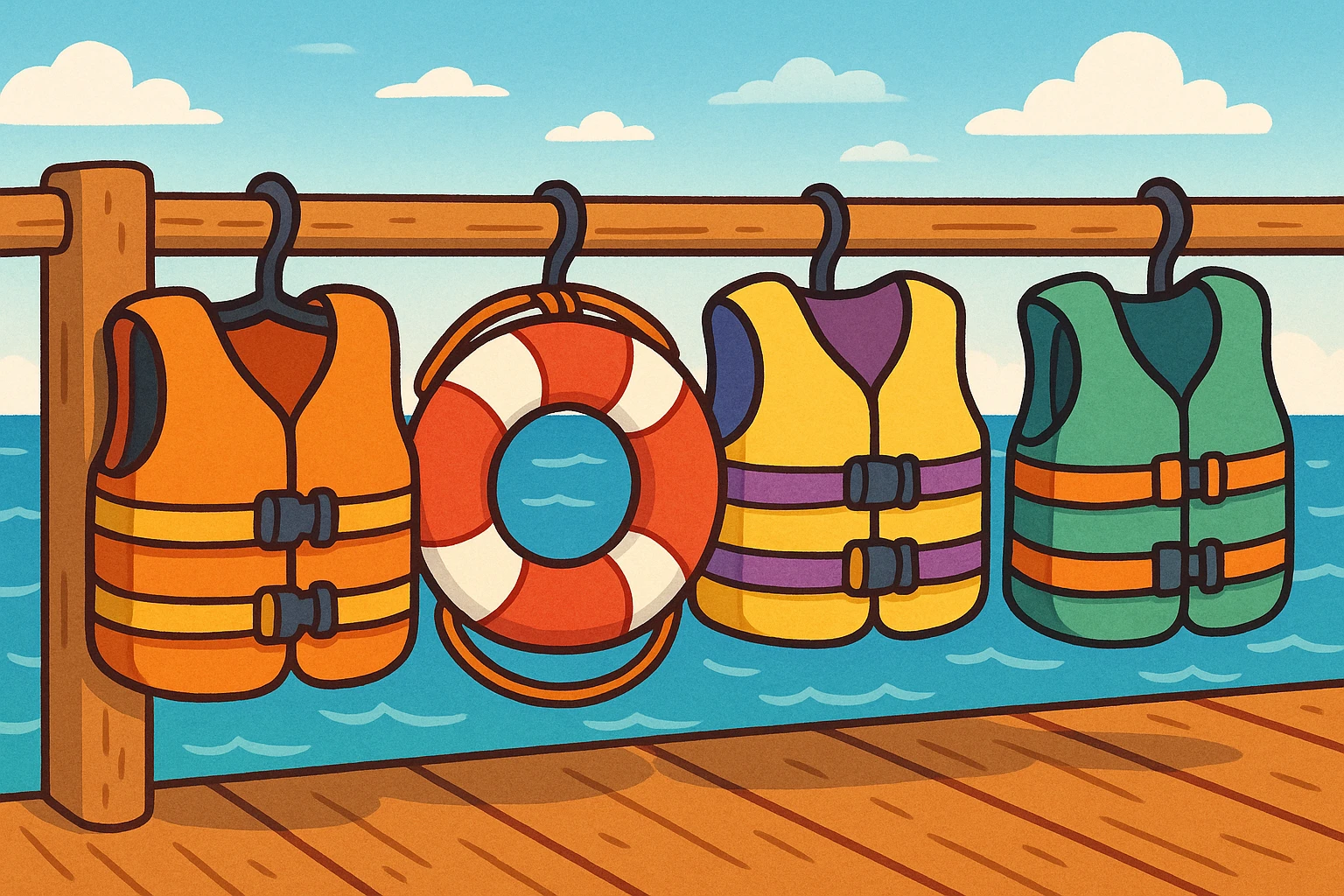 Colorful life jackets lined up neatly along a wooden dock.