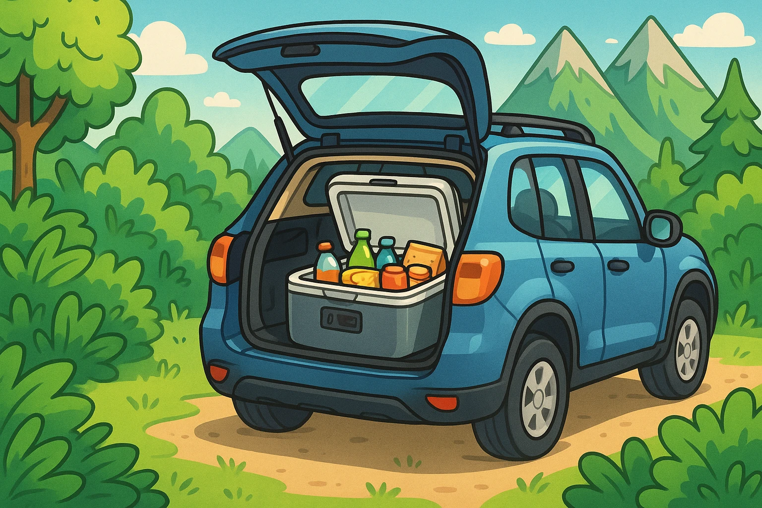 Compact fridge loaded for a scenic road trip.