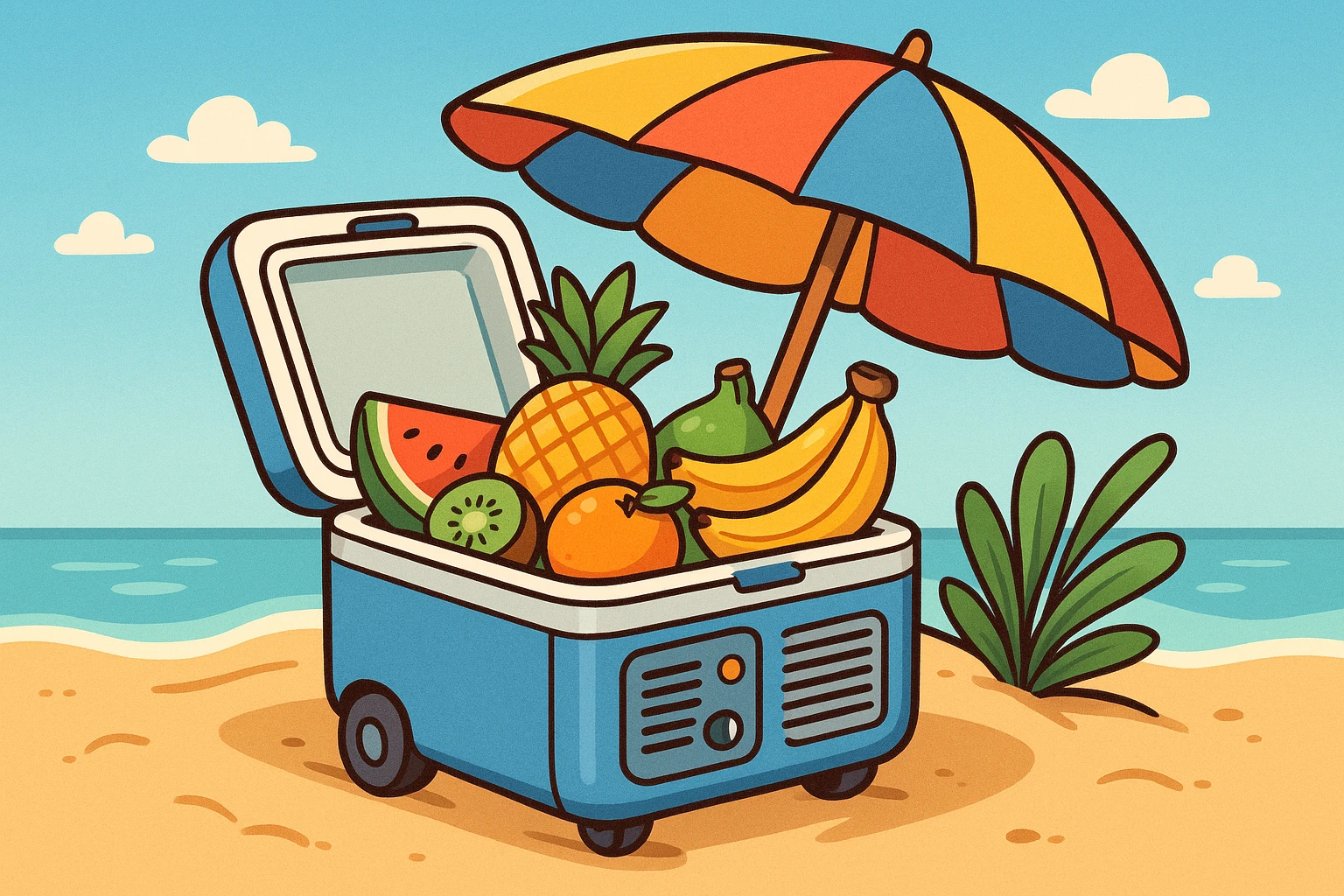 Compact fridge keeps fruits fresh at the beach.