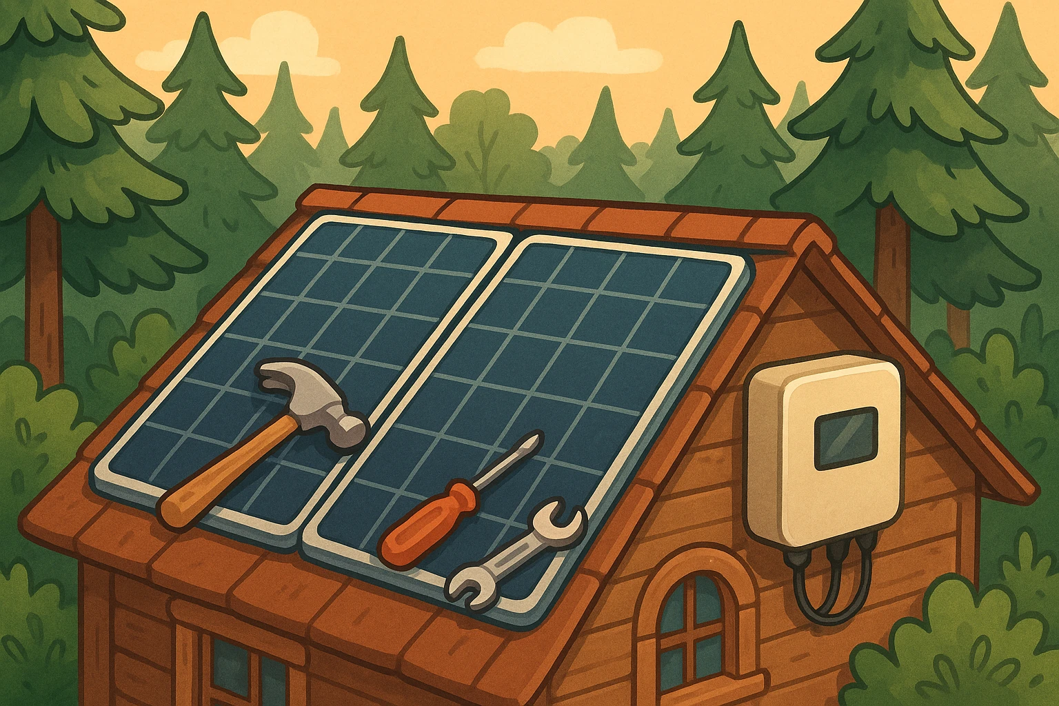 Solar panels on a cabin roof, nestled in a forest setting.
