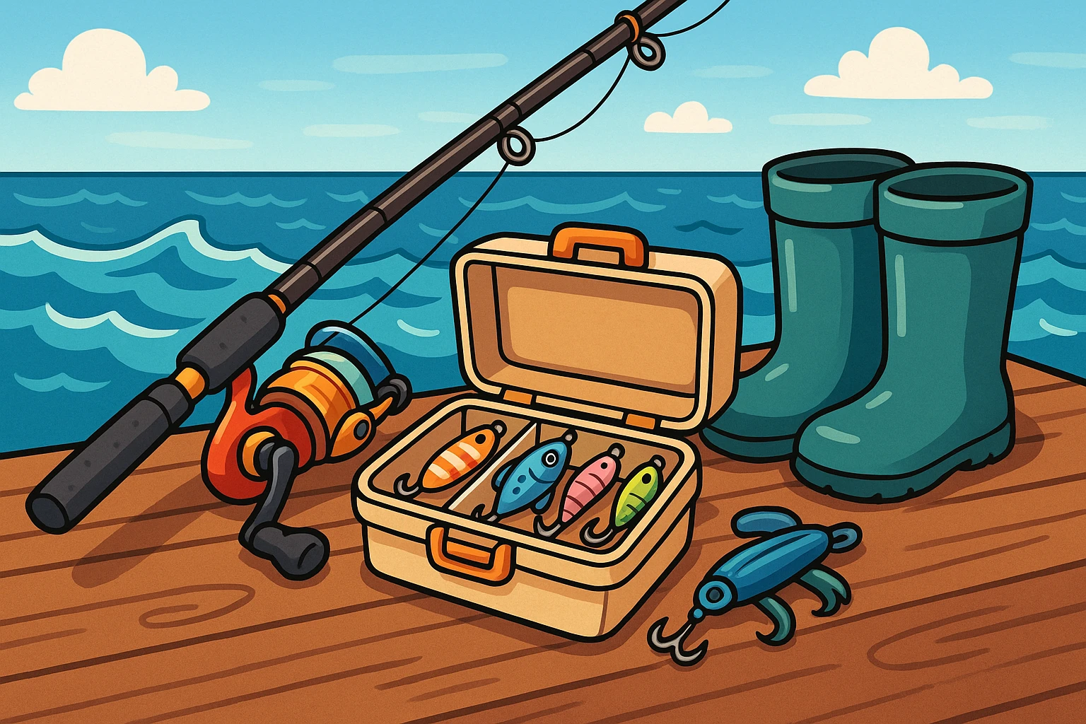 Saltwater fishing gear ready for a seaside adventure.