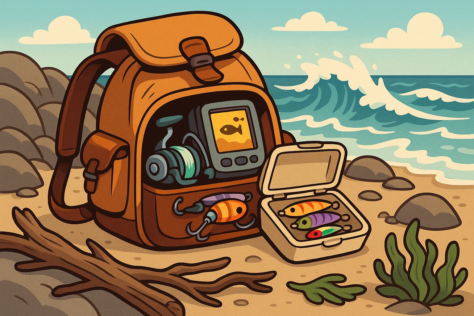 Angler's gear ready for a saltwater adventure on a rocky shore.