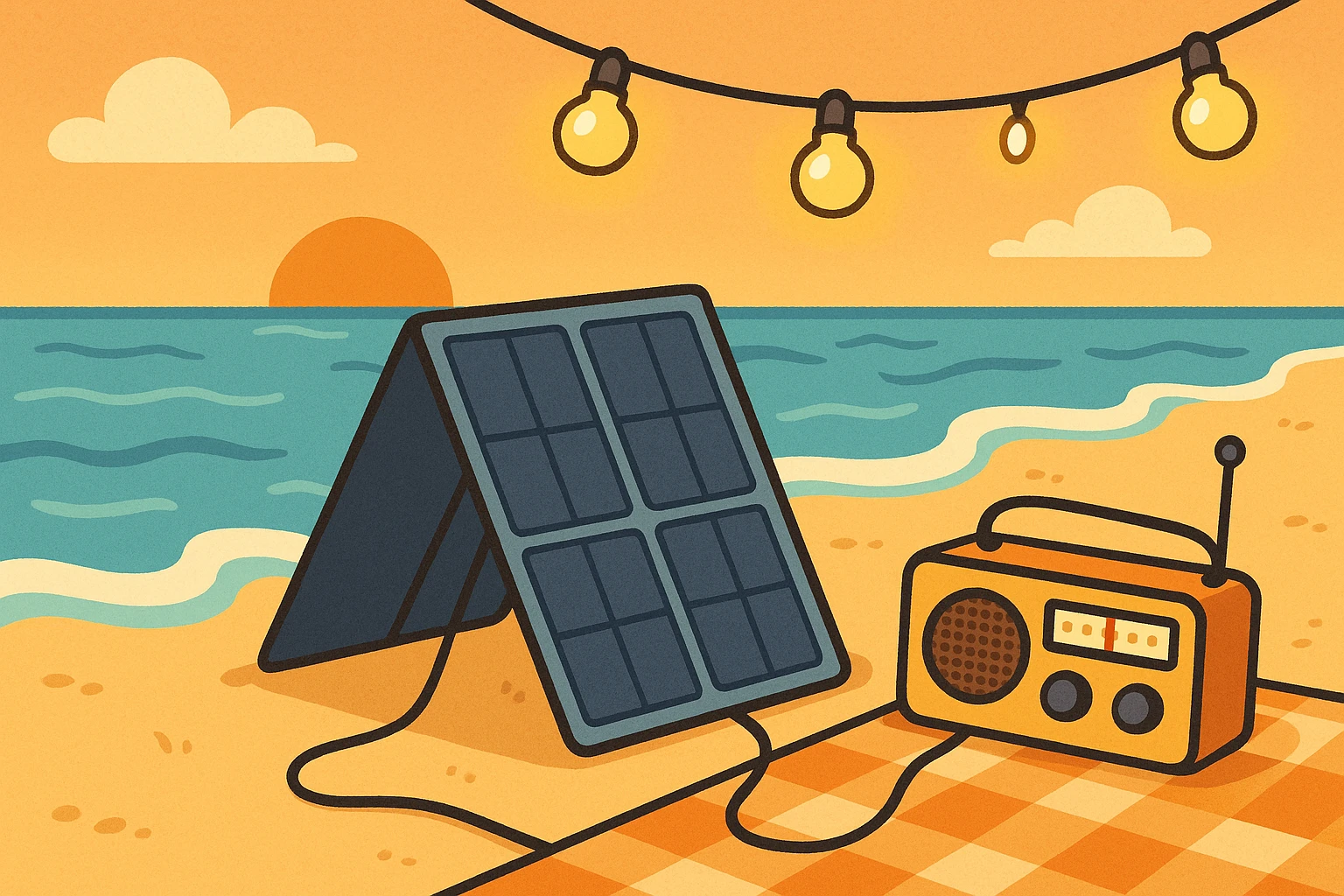 Foldable solar panel powering a beachside picnic setup.