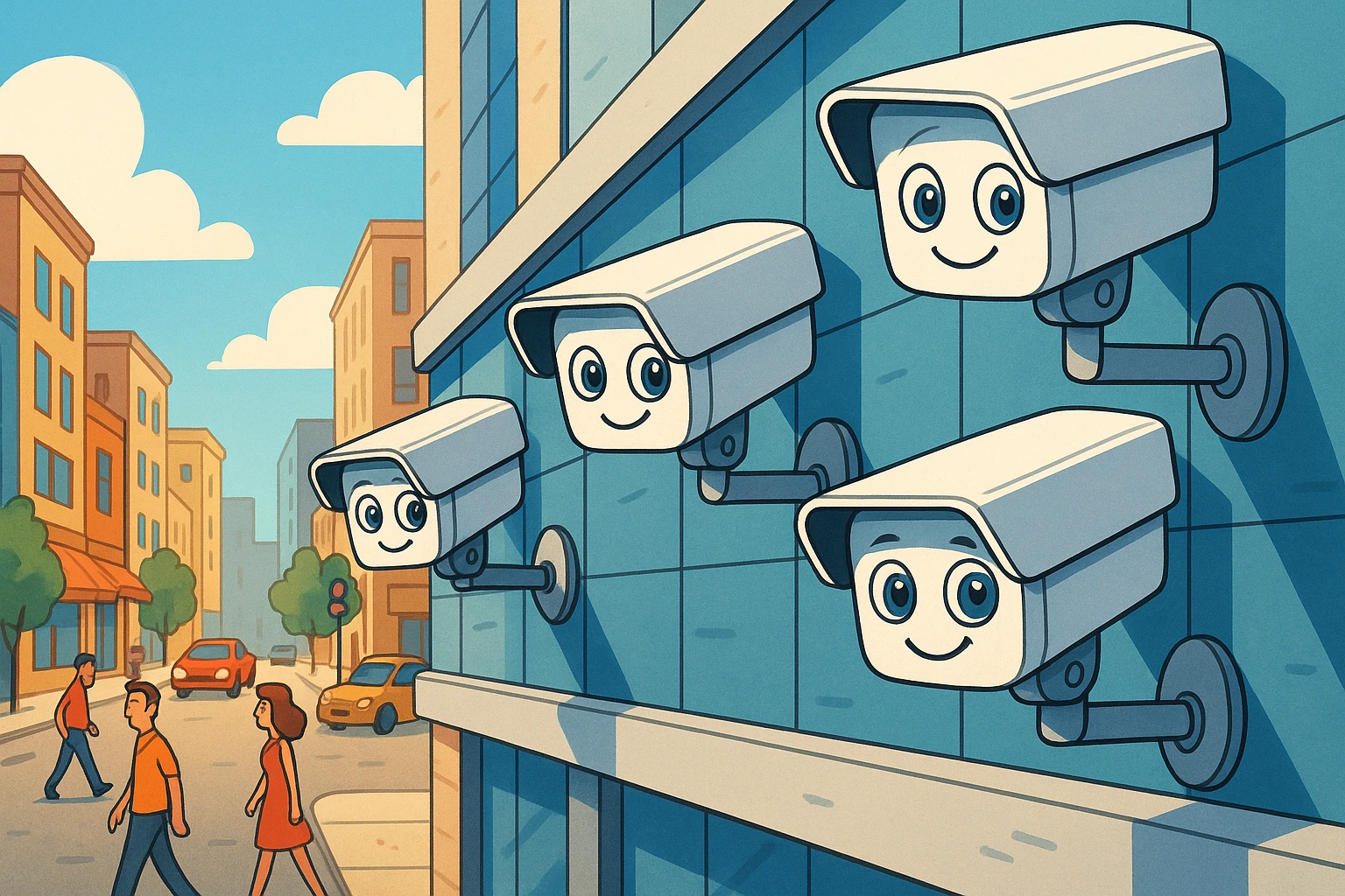Security cameras overlooking a busy city street.
