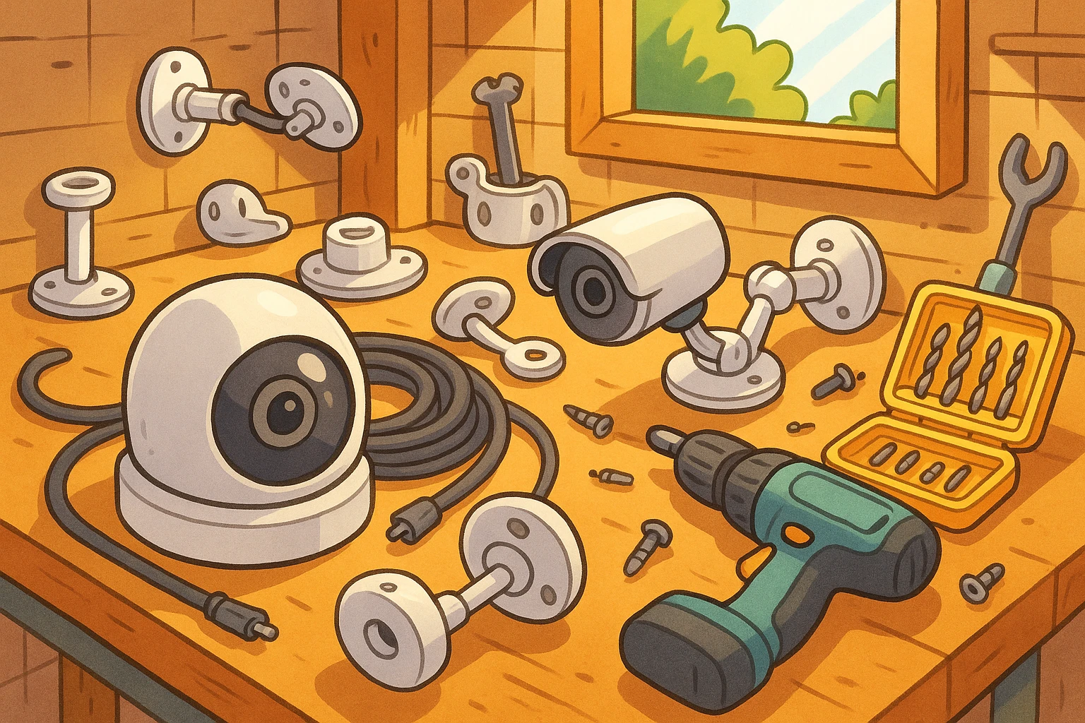 Tools and components ready for a security camera system installation.