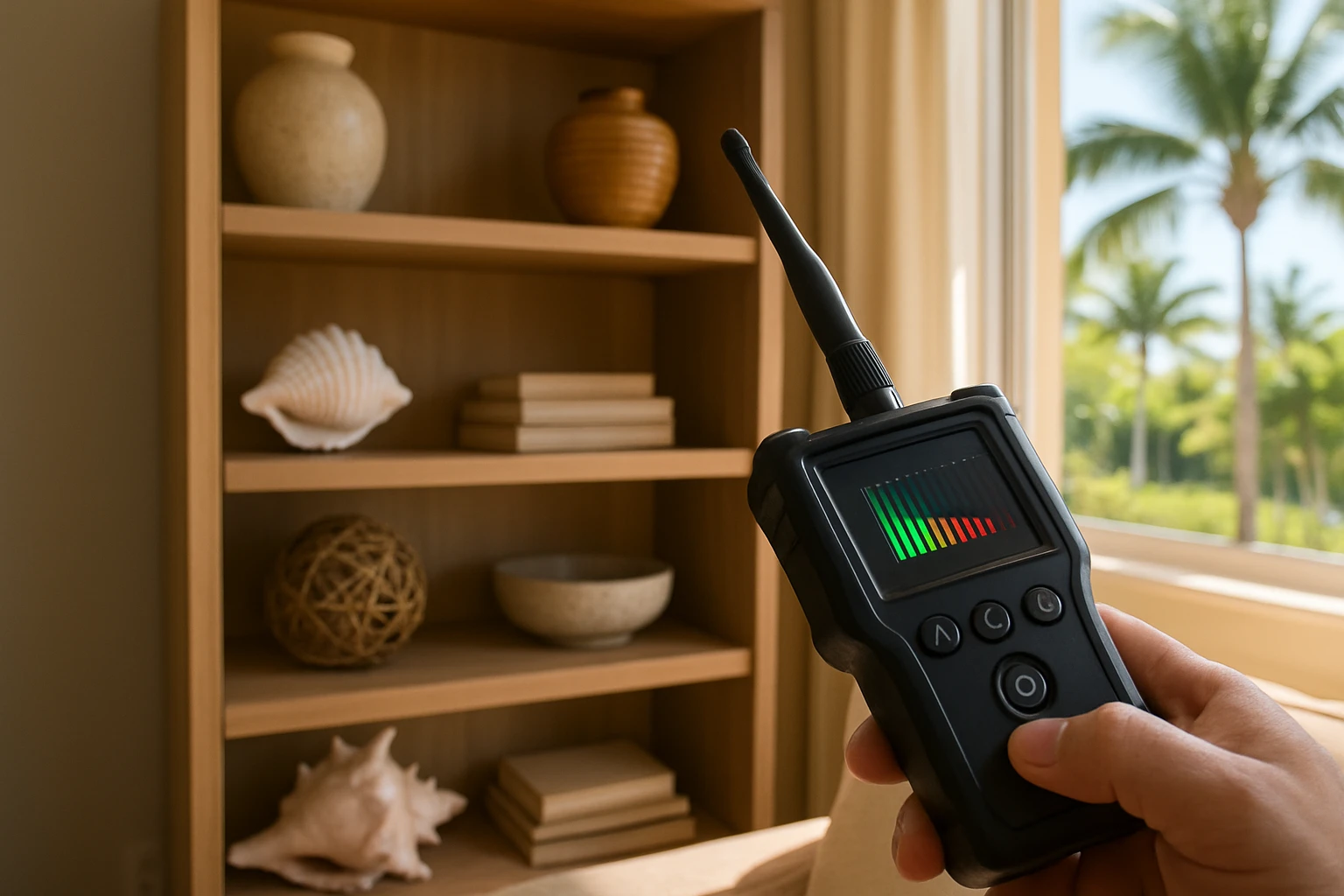 A detailed close-up of a handheld RF detector device scanning a bookshelf filled with decorative items, in a sunny Naples, Florida living room with an open window revealing palm trees outside.