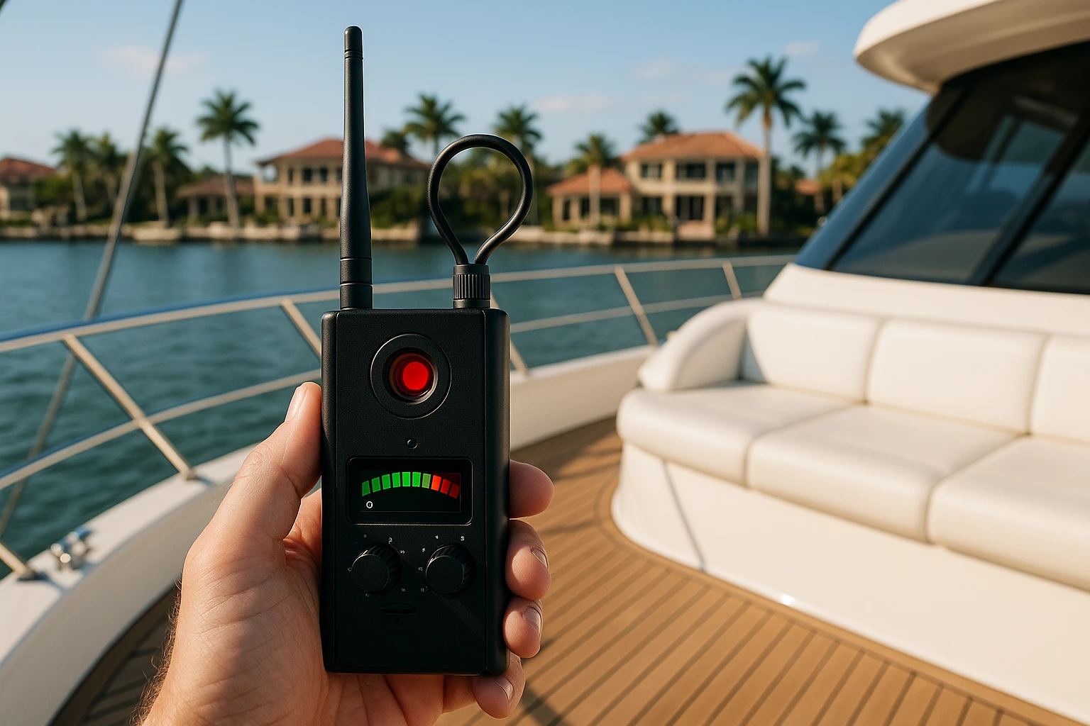 A high-tech gadget detecting hidden cameras and microphones on a luxurious yacht docked in Naples, Florida, with the scenic waterfront, luxury homes, and palm trees visible in the background.