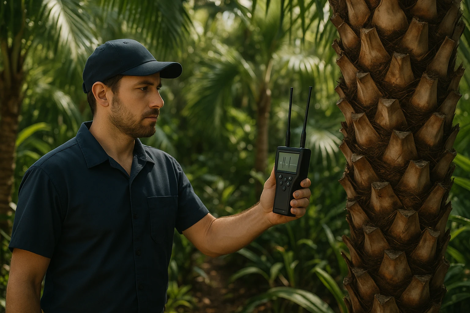 In a lush outdoor setting in the Florida Keys, a technician holds a handheld RF detector near a large palm tree, surrounded by tropical plants, ensuring the equipment's precision amidst the vibrant ecosystem.
