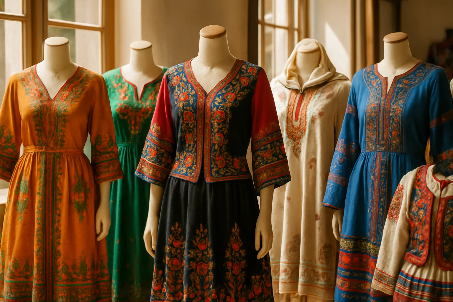 A vibrant array of traditional clothing from various cultures displayed on mannequins in a sunlit boutique, with intricate embroidery and colorful patterns capturing the essence of multicultural heritage.
