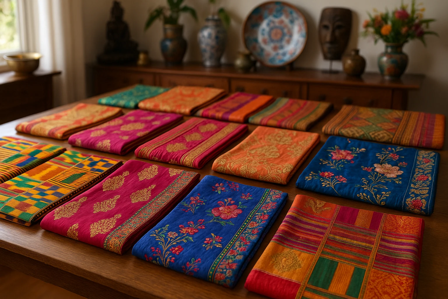 A collection of colorful traditional fabrics from different cultures laid out on a large table, with swatches of kente cloth, silk saris, and embroidered hanboks, set in a bright room filled with natural light and an array of cultural decor items.