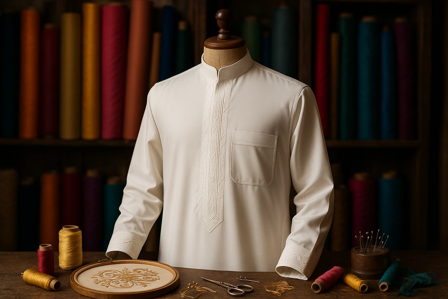 A thobe is elegantly displayed on a wooden mannequin in an artisan's workshop, surrounded by vibrant rolls of fabric and intricate embroidery tools, showcasing the fusion of traditional textile art with personalized design.