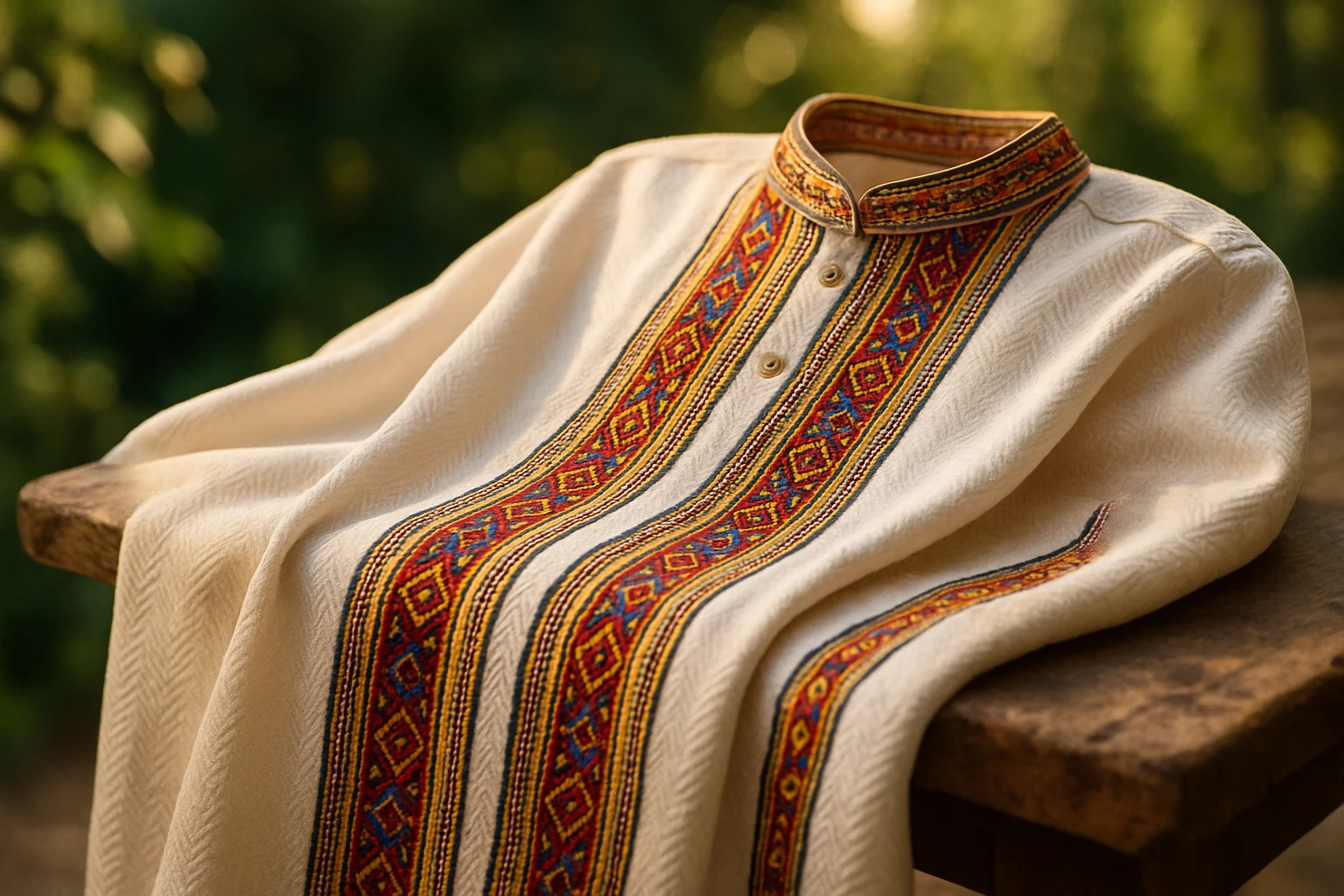 A close-up shot of intricately woven thobe fabric draped elegantly over a rustic wooden table, highlighting its luxurious texture and vibrant colors, with a backdrop of lush greenery and sunlight filtering through.