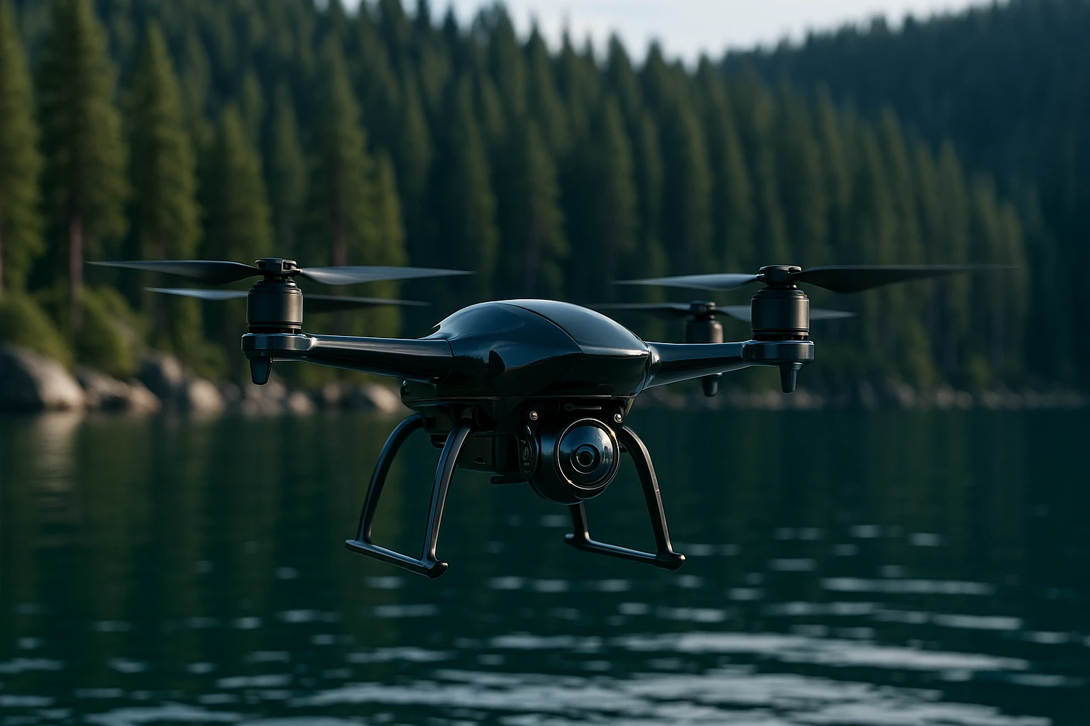 A sleek drone equipped with advanced surveillance detection technology hovers above the tranquil waters of Lake Tahoe, its reflective body shimmering against the backdrop of dense pine forests.