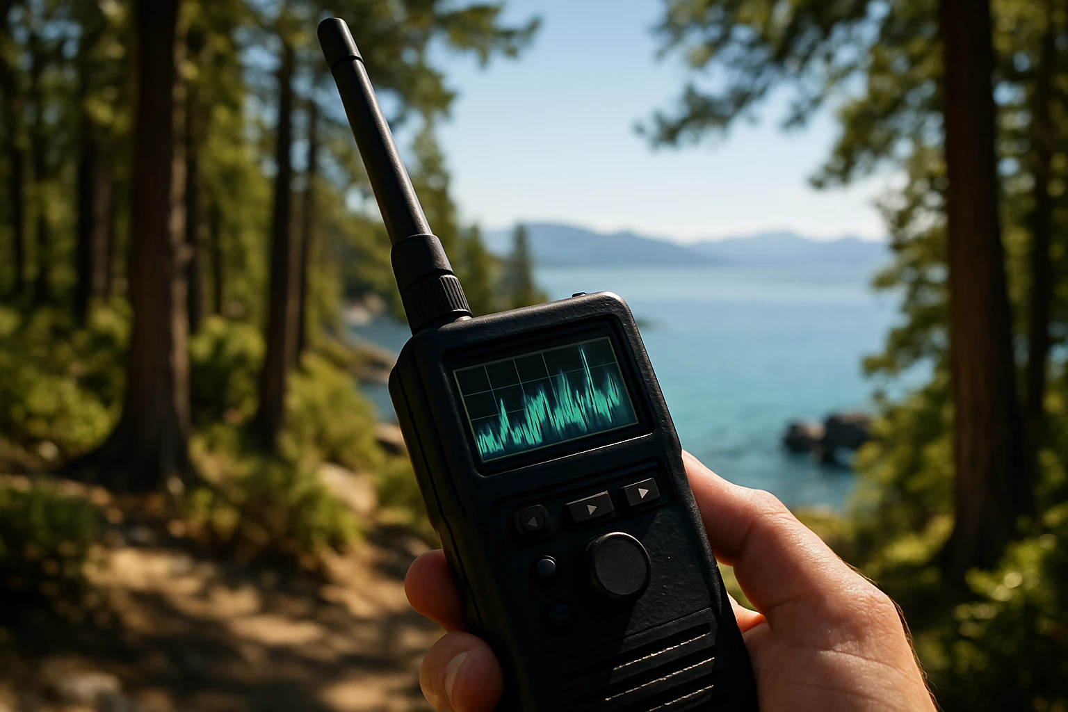 A close-up of a handheld frequency scanner actively sweeping the lush, wooded shoreline of Lake Tahoe, with sunlight filtering through the trees and the device's display screen showing fluctuating signal levels.