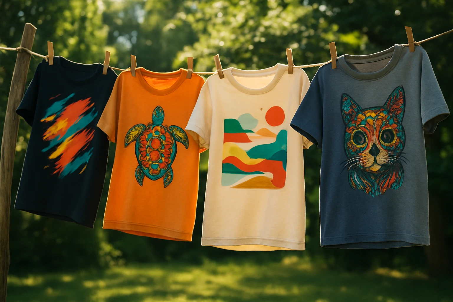A vibrant collection of graphic tees displayed on a rustic wooden clothesline in a sunlit backyard, each shirt showcasing unique, colorful designs ranging from abstract art to cultural symbols, fluttering gently in the breeze against a backdrop of lush greenery.