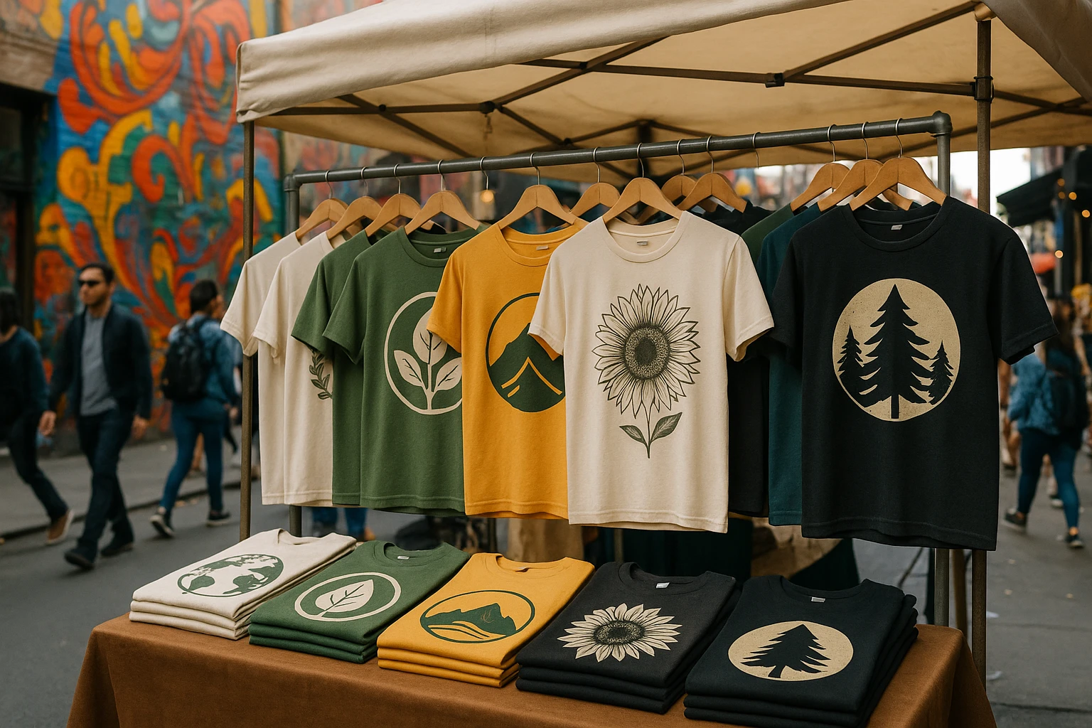 A bustling street market with a booth displaying an array of graphic tees, each adorned with eco-friendly logos and bold, nature-inspired designs, against a backdrop of vibrant street art and bustling foot traffic.