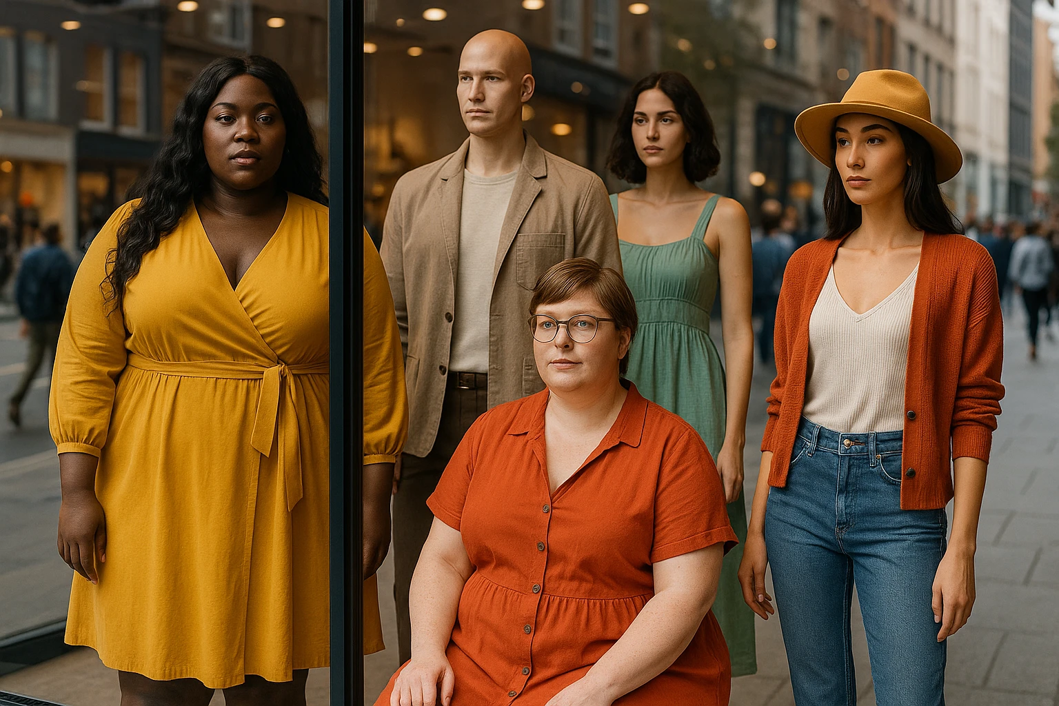A diverse range of mannequins in a lively boutique window display, each wearing fashionable, size-inclusive outfits in various styles and colors, set against a vibrant city street with pedestrians passing by.