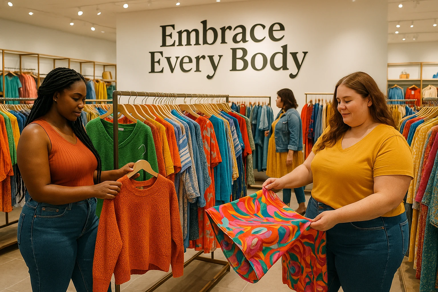 A brightly lit clothing store interior with racks of size-inclusive clothing, featuring a variety of colorful, textured fabrics and bold patterns; a large, stylish sign overhead reads