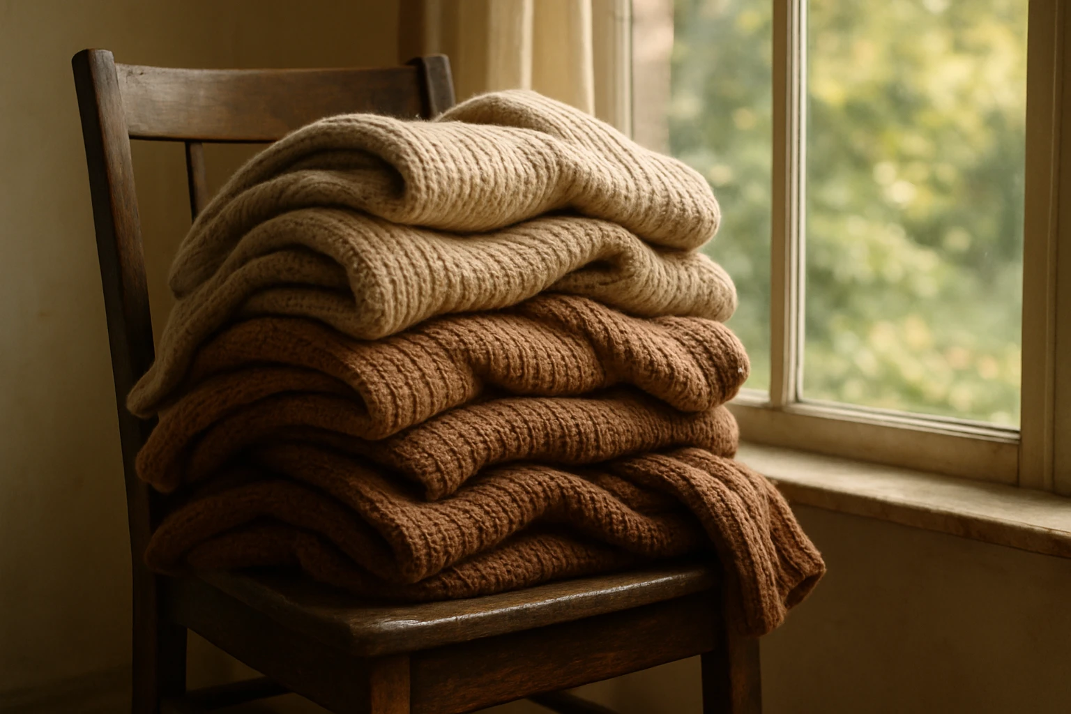 A cozy scene featuring a pile of soft, oversized knit sweaters in earthy tones, draped casually over a rustic wooden chair by a sunlit window overlooking a tranquil garden.