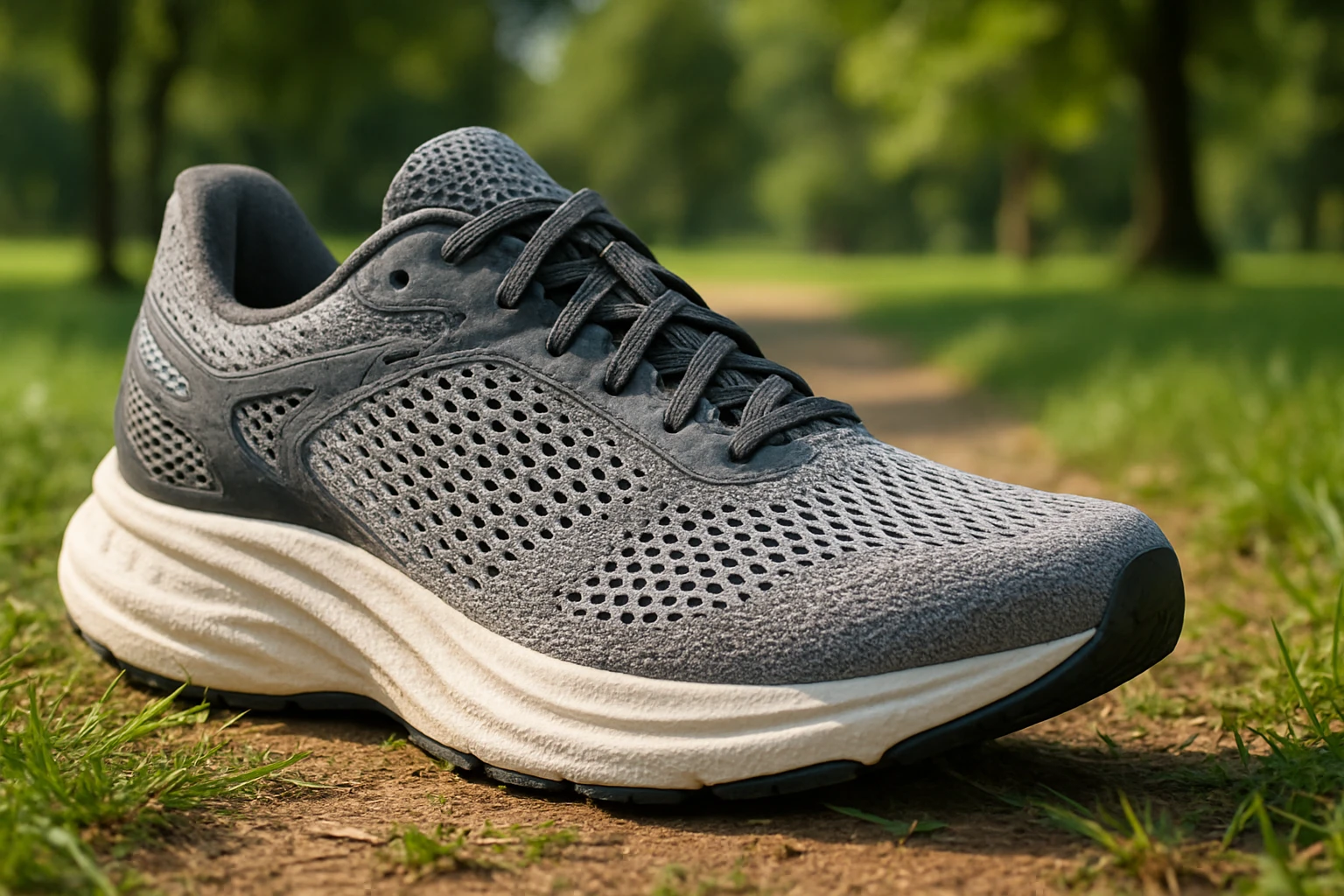 A close-up of a cushioned running shoe with advanced mesh fabric, placed on a grassy park trail, highlighting the shoe's flexibility and breathability under natural sunlight.