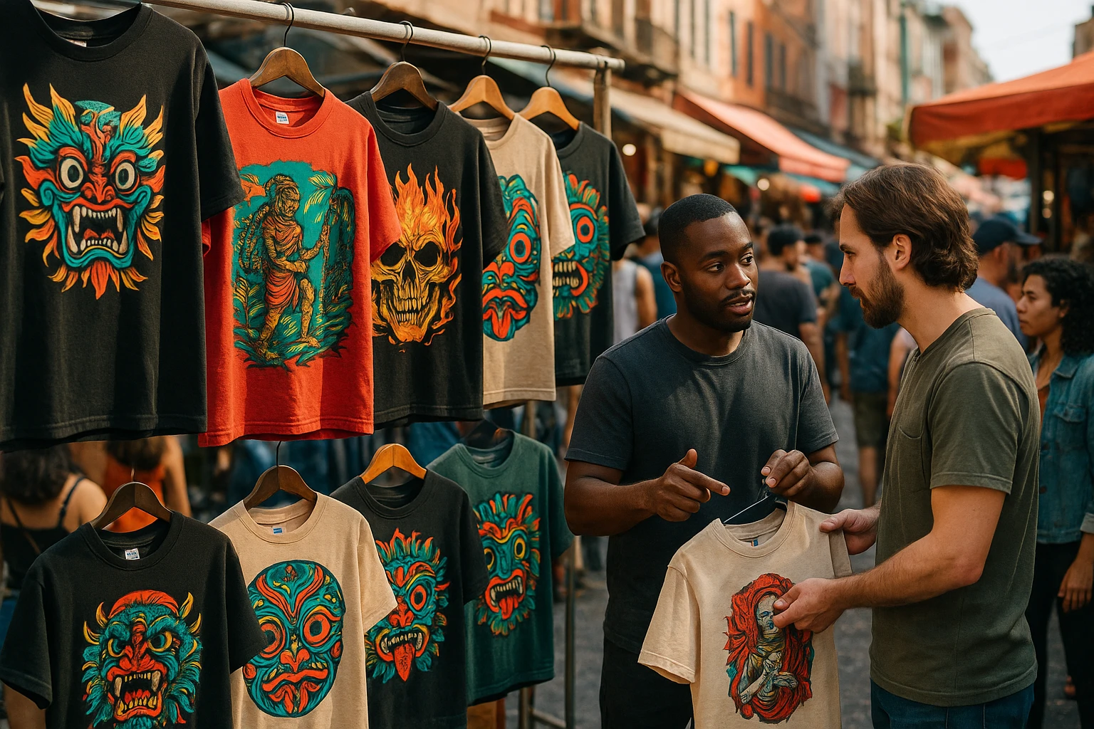 A vibrant street market scene where colorful graphic tees with bold, artistic designs hang from racks, surrounded by lively shoppers; a vendor discusses a custom design with a customer, highlighting the tees' cultural appeal.