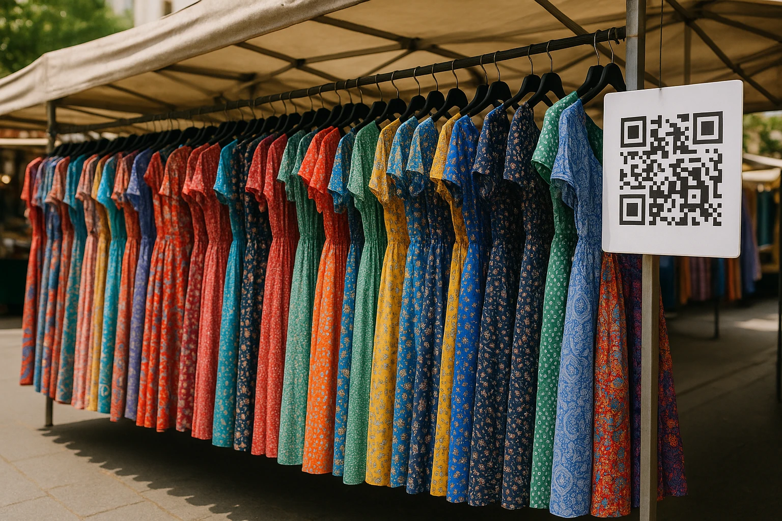 A vibrant outdoor market stall with dresses hanging in neat rows, showcasing various patterns and fabrics while a QR code on a sign invites passersby to explore the online store for details and reviews.