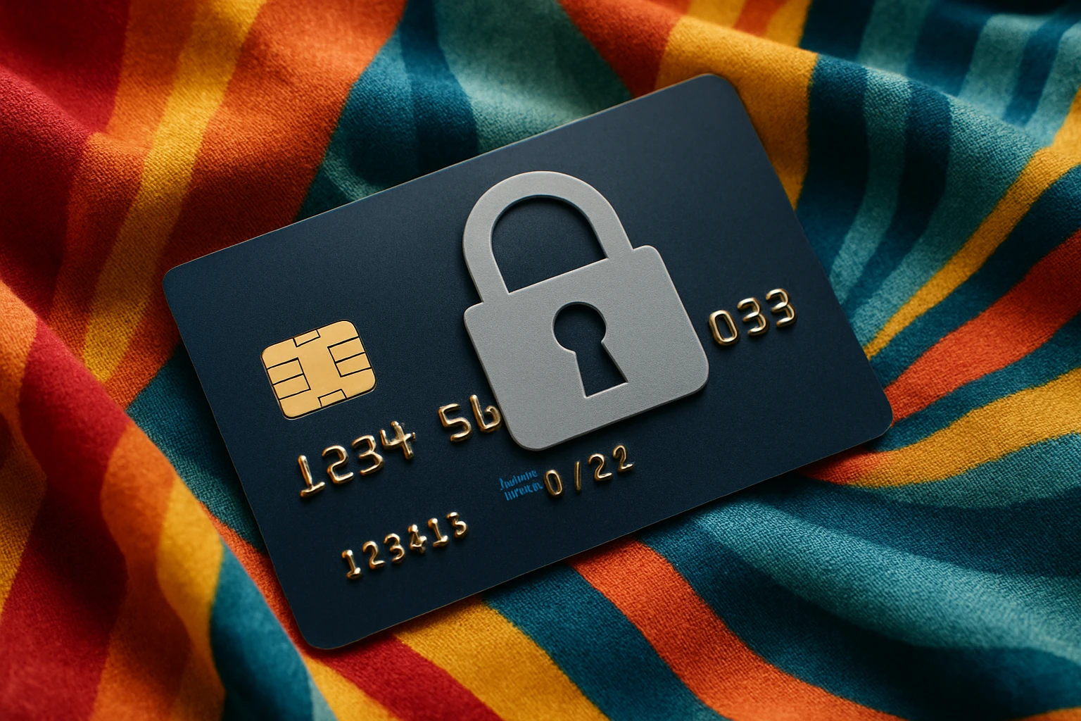 A close-up of a credit card with a prominent padlock symbol, placed on top of a colorful dress fabric, emphasizing the concept of secure transactions in online shopping.