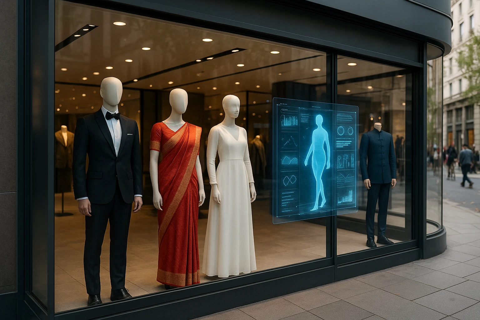 A sleek, modern boutique storefront with mannequins elegantly dressed in diverse global formal wear, juxtaposed against an AI interface hologram projecting fashion insights, set on a lively city street.