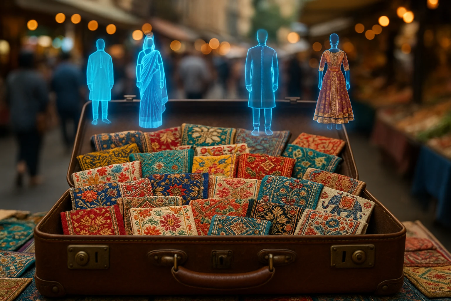 A close-up shot of a vintage suitcase filled with intricately embroidered fabric swatches from various countries, surrounded by AI-generated holographic projections of different global formal wear styles, set against a backdrop of a bustling outdoor market.