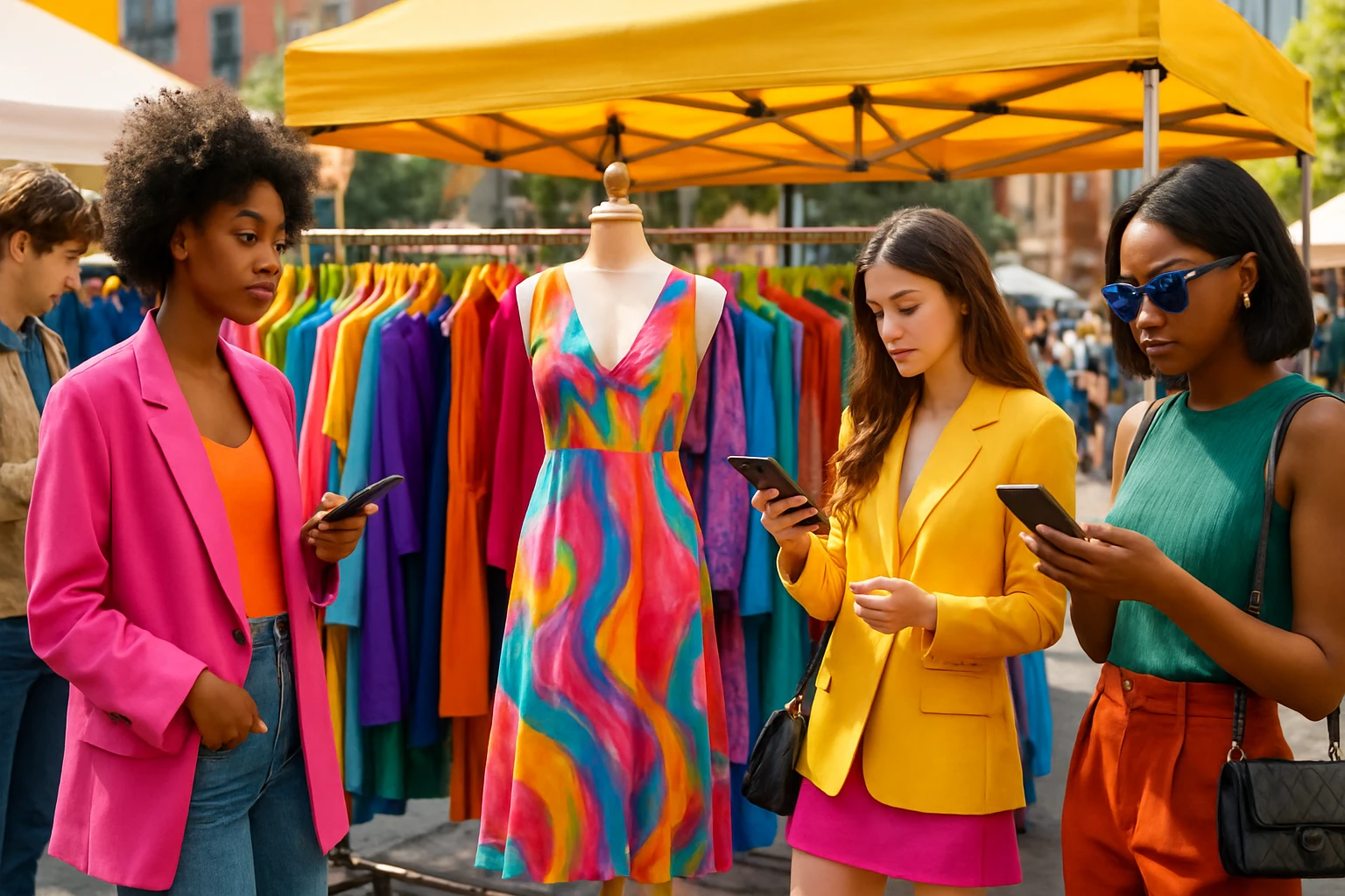 A vibrant outdoor fashion market stall displaying a colorful array of latest designer collections, surrounded by fashion-forward individuals browsing and engaging with the products as notifications about new arrivals pop up on their smartphones.