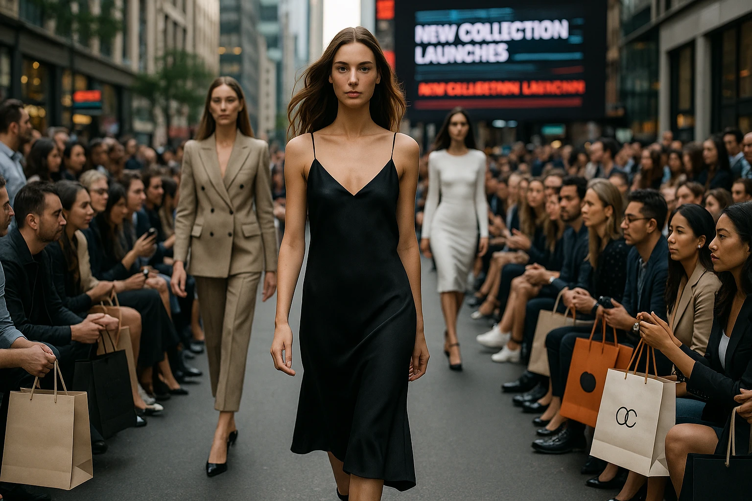 A bustling street fashion show with models walking the runway, surrounded by spectators holding shopping bags with logos of popular fashion brands, while a digital billboard displays real-time updates of new collection launches.