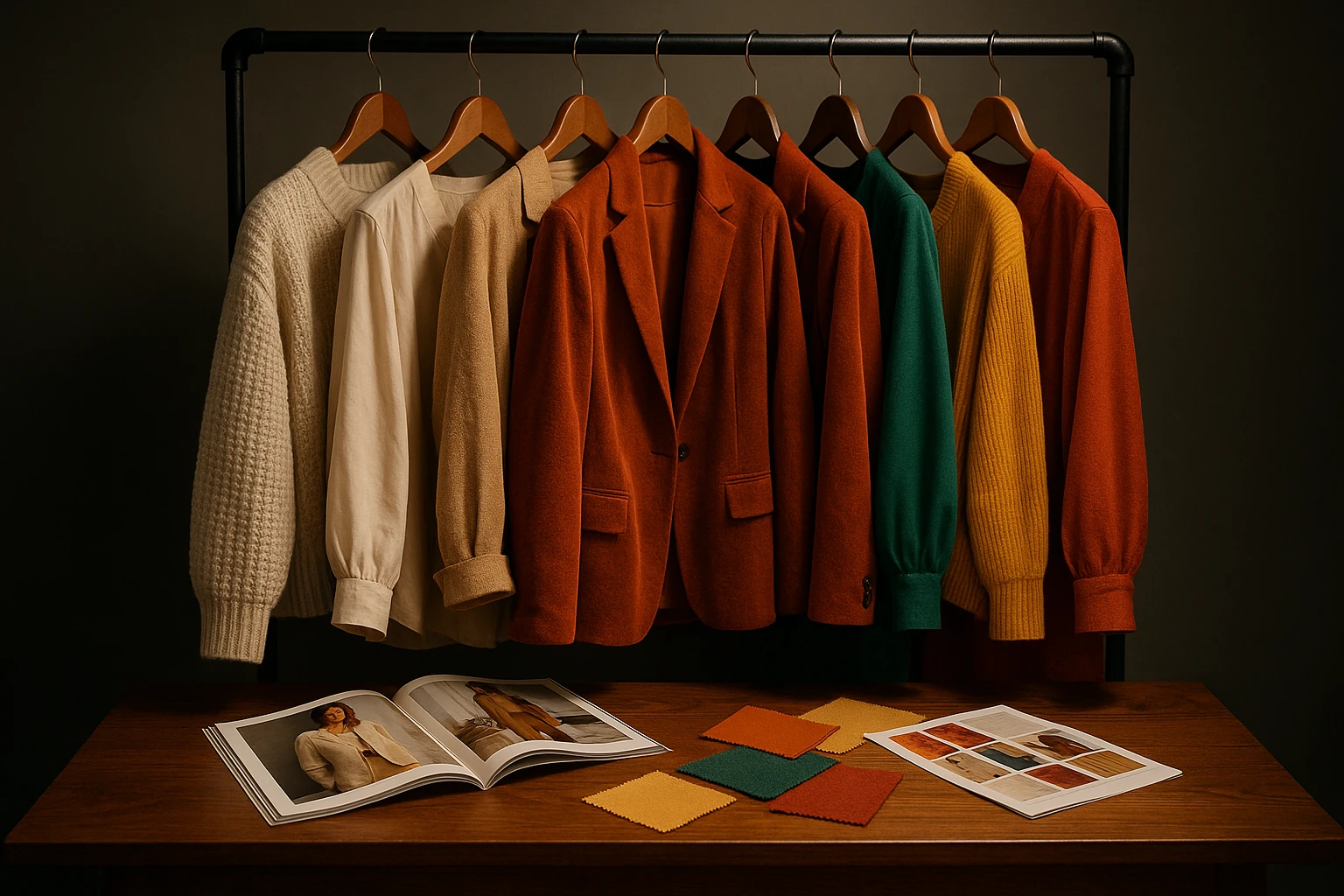 A stylish closet scene featuring neatly arranged outfits showcasing diverse fabrics and textures; a stylishly arranged rack displays vibrant clothing pieces under a soft spotlight, with fashion magazines and swatches scattered on a nearby polished wooden table.