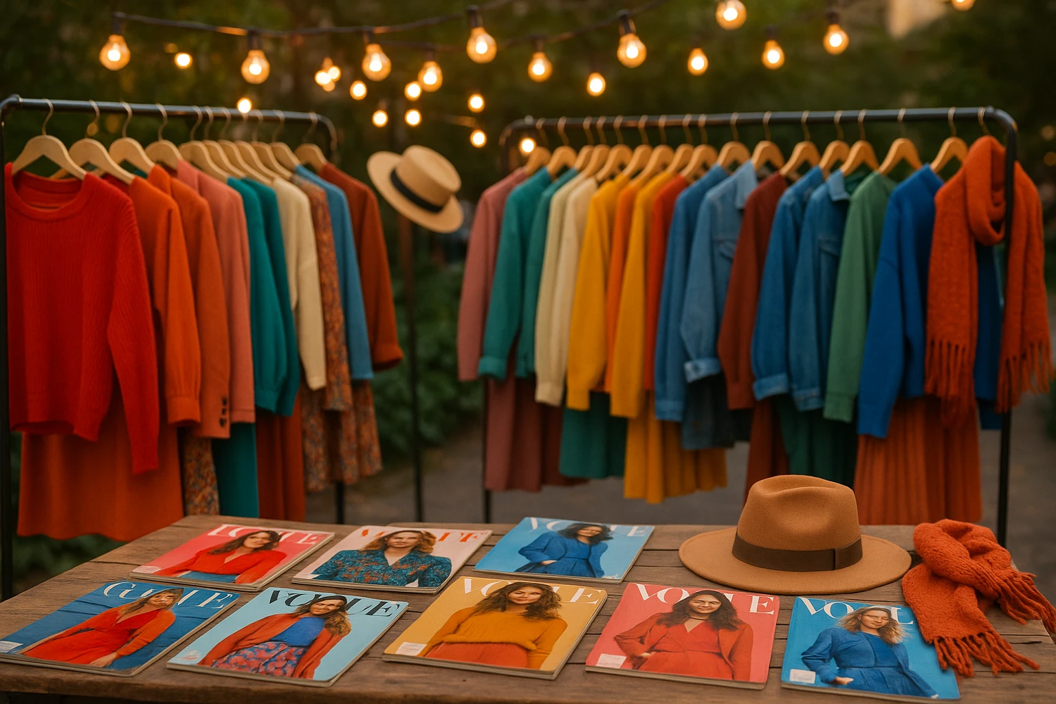 A vibrant outdoor fashion market scene, with colorful clothing racks featuring trendy garments; stylish accessories like hats and scarves hanging prominently under bright string lights, and fashion magazines with eye-catching covers laid out on a rustic wooden table.