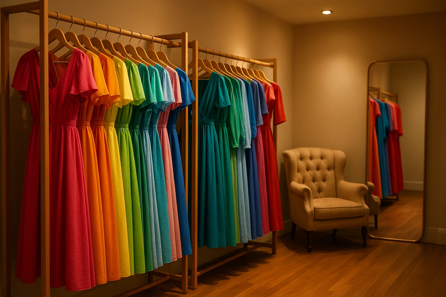 A vibrant boutique setting with colorful dresses hanging on elegant wooden racks, soft lighting creating a warm atmosphere, and a plush armchair in the corner next to a full-length mirror.