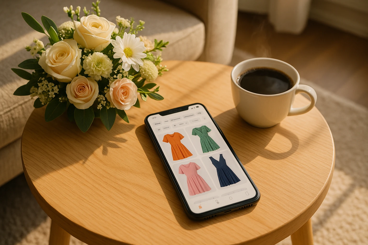 A smartphone on a coffee table displaying a shopping app with dresses categorized by color and style filters, alongside a neatly arranged bouquet of fresh flowers and a cup of steaming coffee in a sunlit living room.