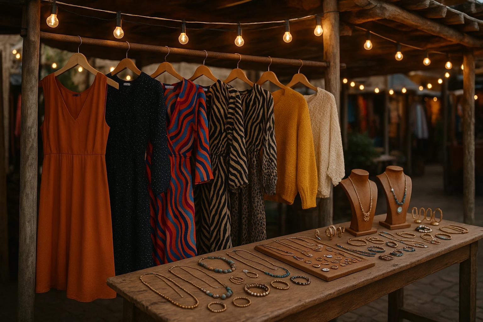 A vibrant array of fashion-forward clothing items hangs elegantly on a rustic open-air market stall, showcasing a mix of bold patterns and unique textures, with artisanal jewelry displayed on a nearby wooden table under string lights.