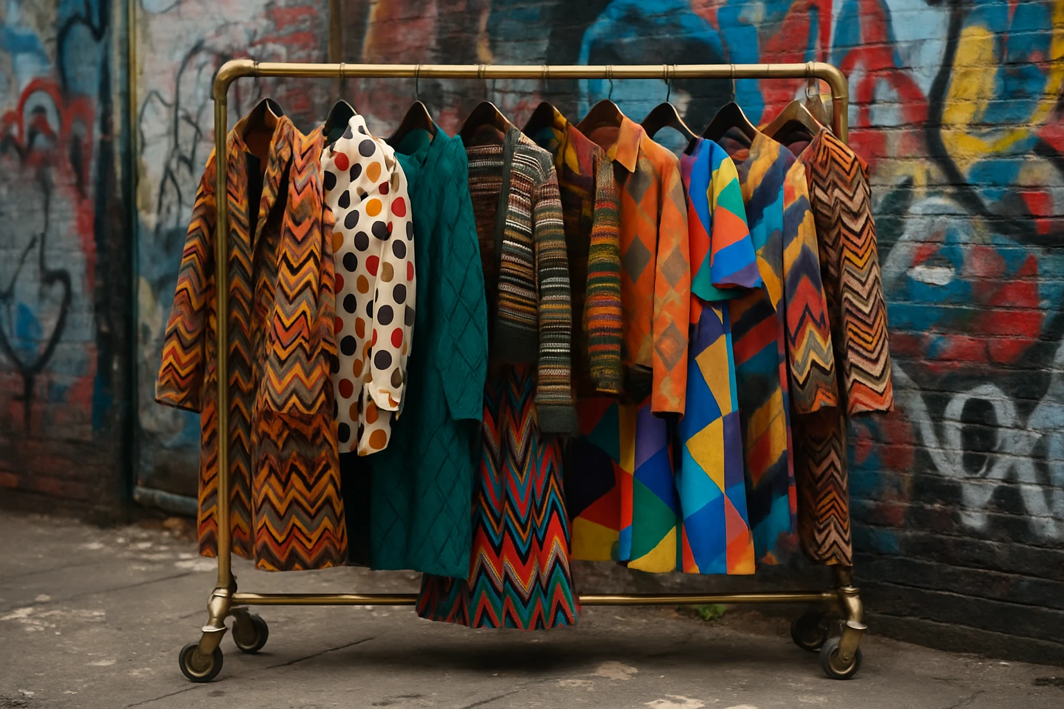 A collection of eclectic clothing displayed on a vintage rolling rack against a graffiti-covered urban wall, with vibrant fabrics showcasing geometric patterns and a backdrop of artfully mismatched textures.
