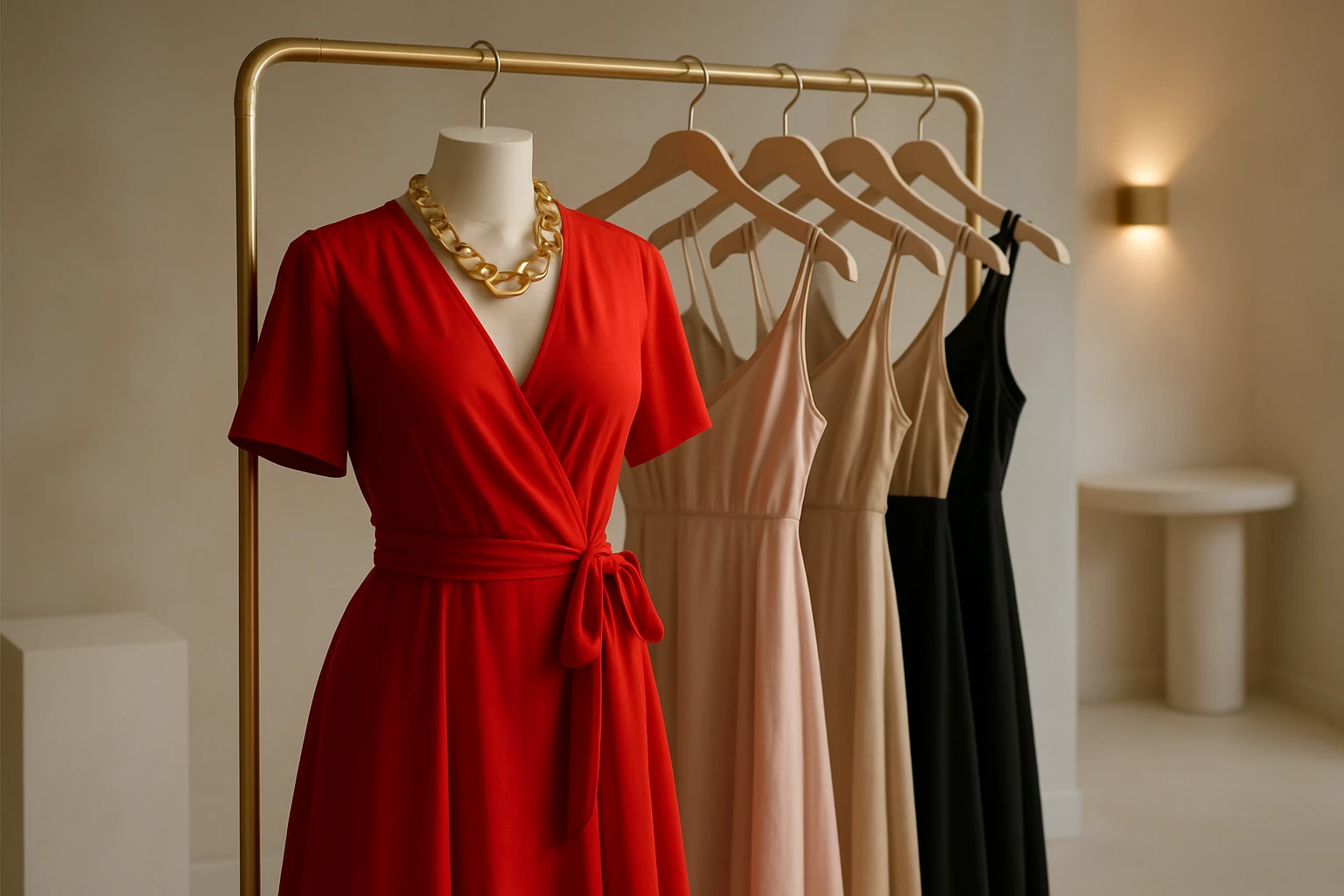 A display of elegant dresses in a boutique, featuring a vibrant red wrap dress paired with a statement necklace, set against a backdrop of chic, minimalist d&eacute;cor with soft lighting that enhances the fabric&rsquo;s texture.