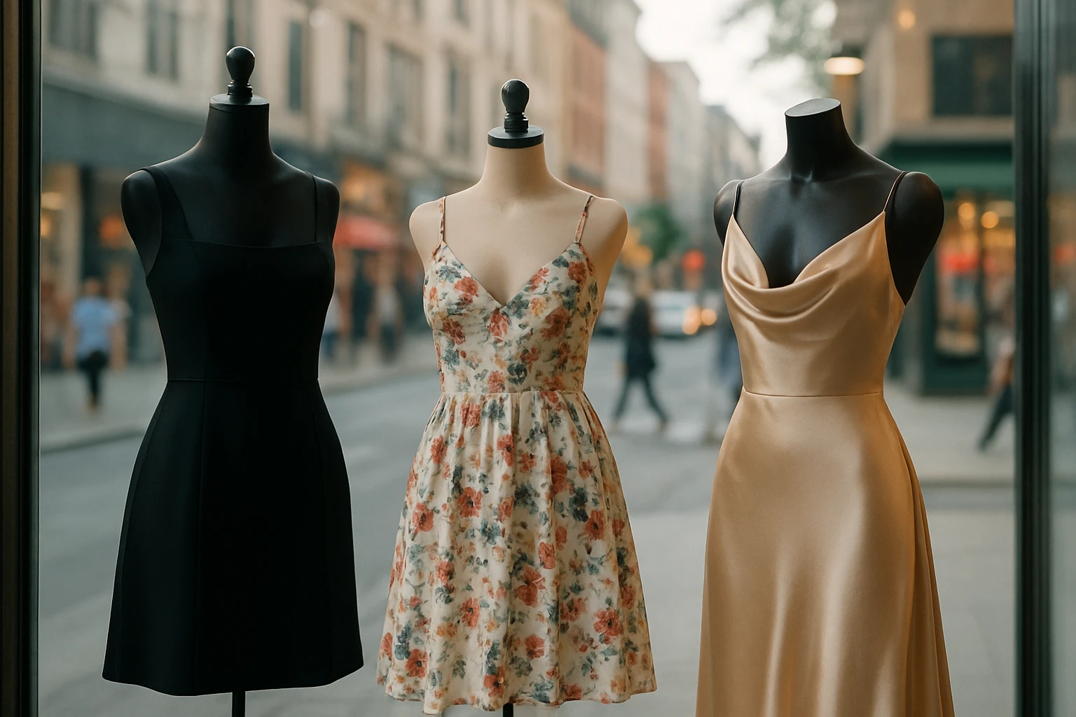 An array of diverse dresses displayed in a trendy boutique window, including a sleek black cocktail dress, a floral sundress, and a luxurious silk evening gown, all set against a backdrop of a bustling city street featuring pedestrians and colorful storefronts.