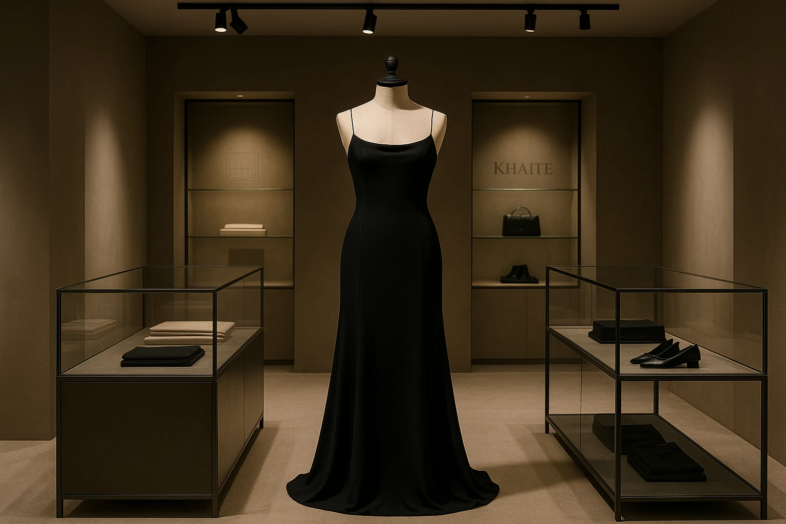 A chic boutique interior showcasing a sleek black evening gown displayed on a mannequin, accented by dim track lighting and minimalist decor, with stylish brand logos like Totême and Khaite subtly embossed on glass display cases.
