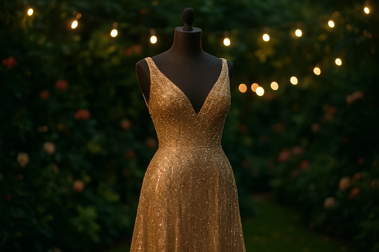 A shimmering gold evening gown adorned with intricate beading displayed on a mannequin against a lush garden backdrop, with soft string lights illuminating the scene, capturing the luxury and elegance of this season&rsquo;s evening wear trend.