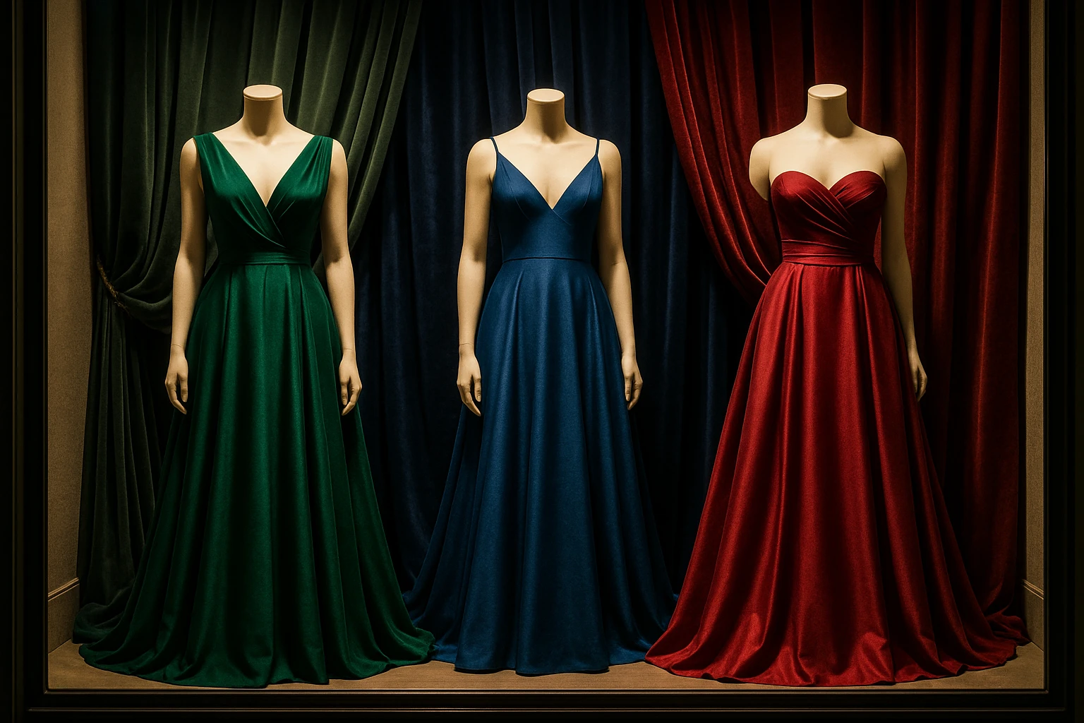 An elegant display window showcasing mannequins dressed in evening gowns of emerald green, sapphire blue, and ruby red, set against a backdrop of luxurious velvet drapes and illuminated by gentle, ambient lighting that casts soft shadows, highlighting the rich textures and opulent colors.