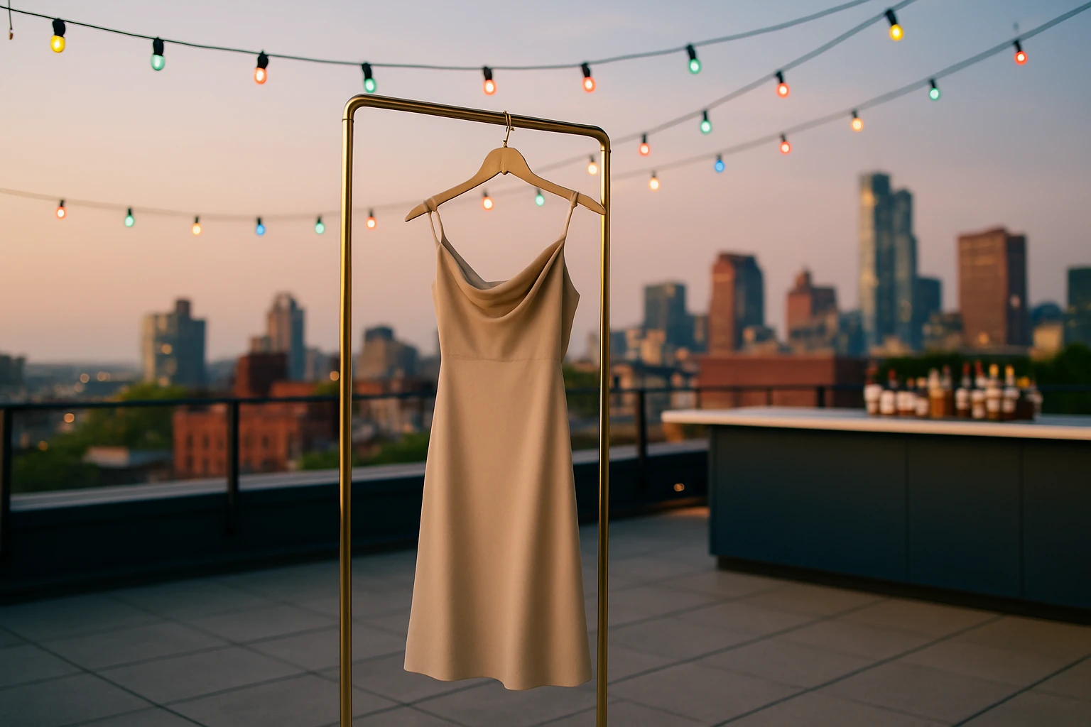 A stylish dress hangs elegantly on a clothing rack on a rooftop patio, overlooking a vibrant cityscape, with colorful string lights and a sleek cocktail bar in the background.