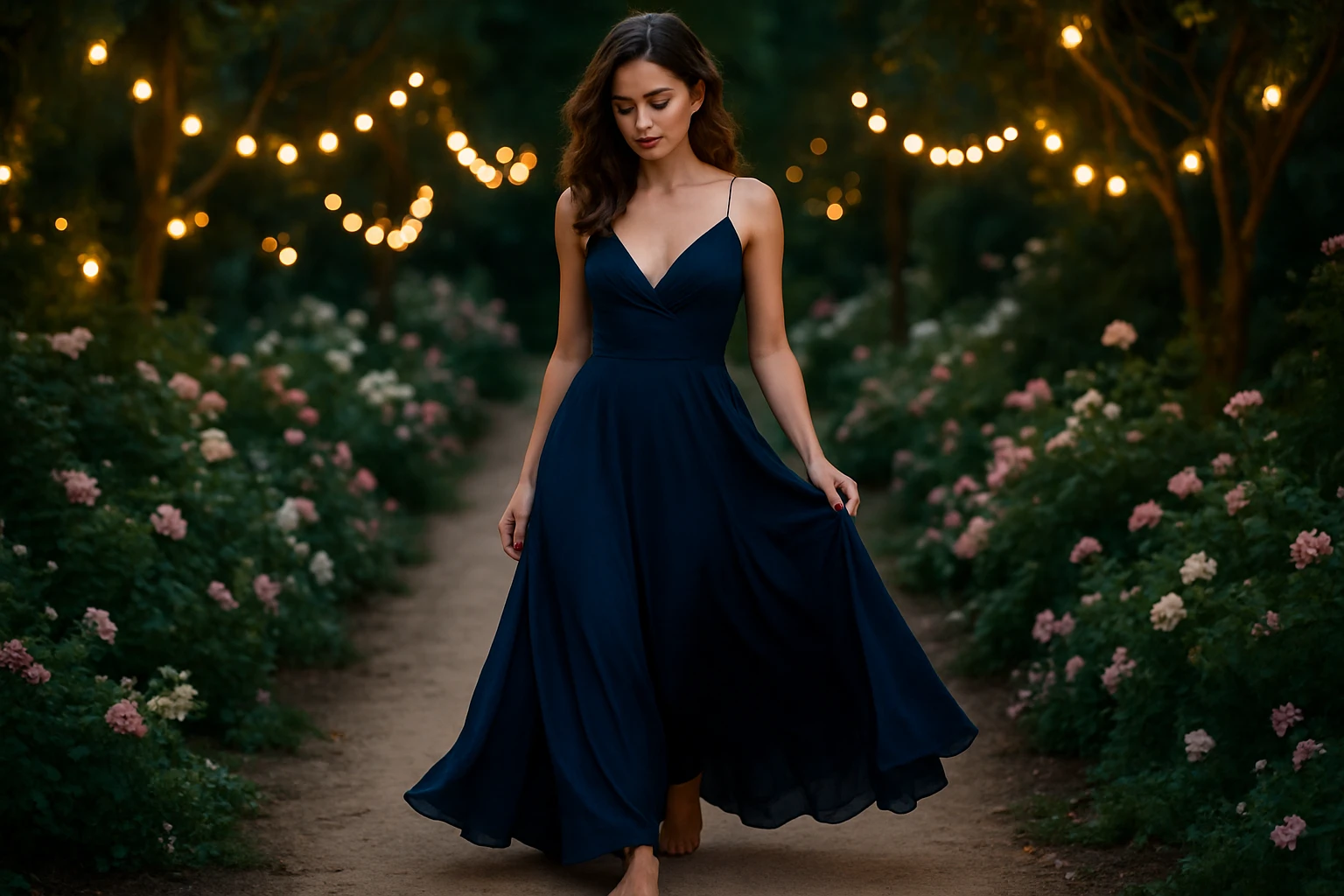 A stylish woman in a flowing navy blue evening gown, barefoot on a lush garden pathway, surrounded by soft fairy lights and blooming flowers, exuding both elegance and comfort in a serene outdoor setting.