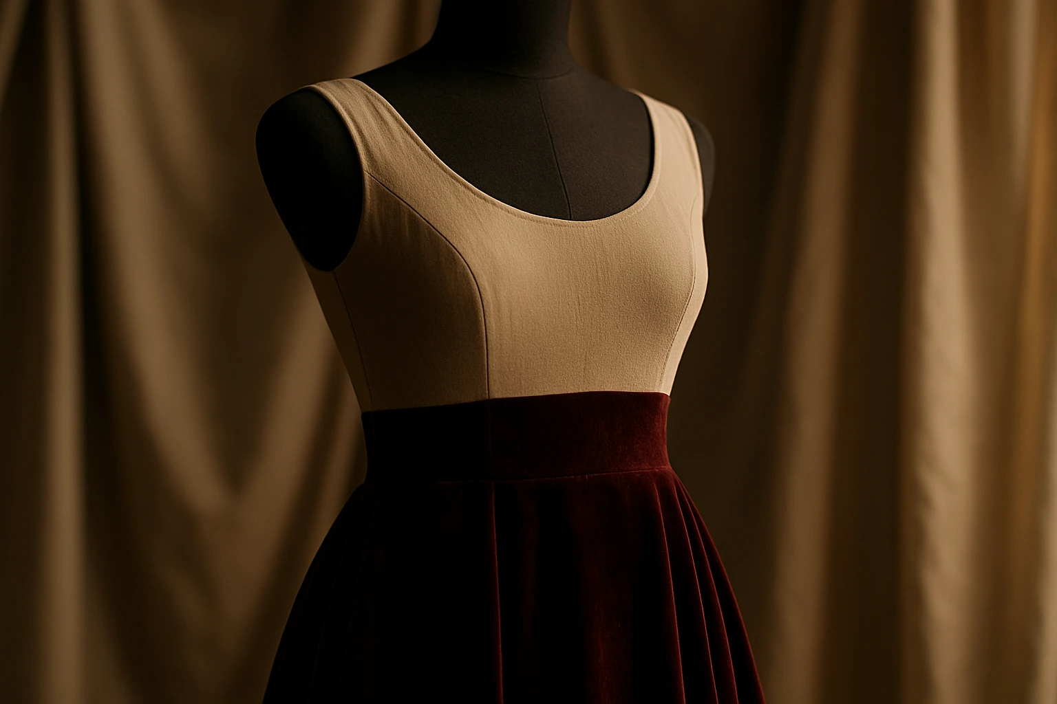 A close-up of a luxurious evening gown on a mannequin, showcasing a blend of rich velvet and breathable cotton-blend panels, set against a backdrop of softly draped fabrics in muted, elegant tones, with ambient warm lighting to highlight the texture contrast.