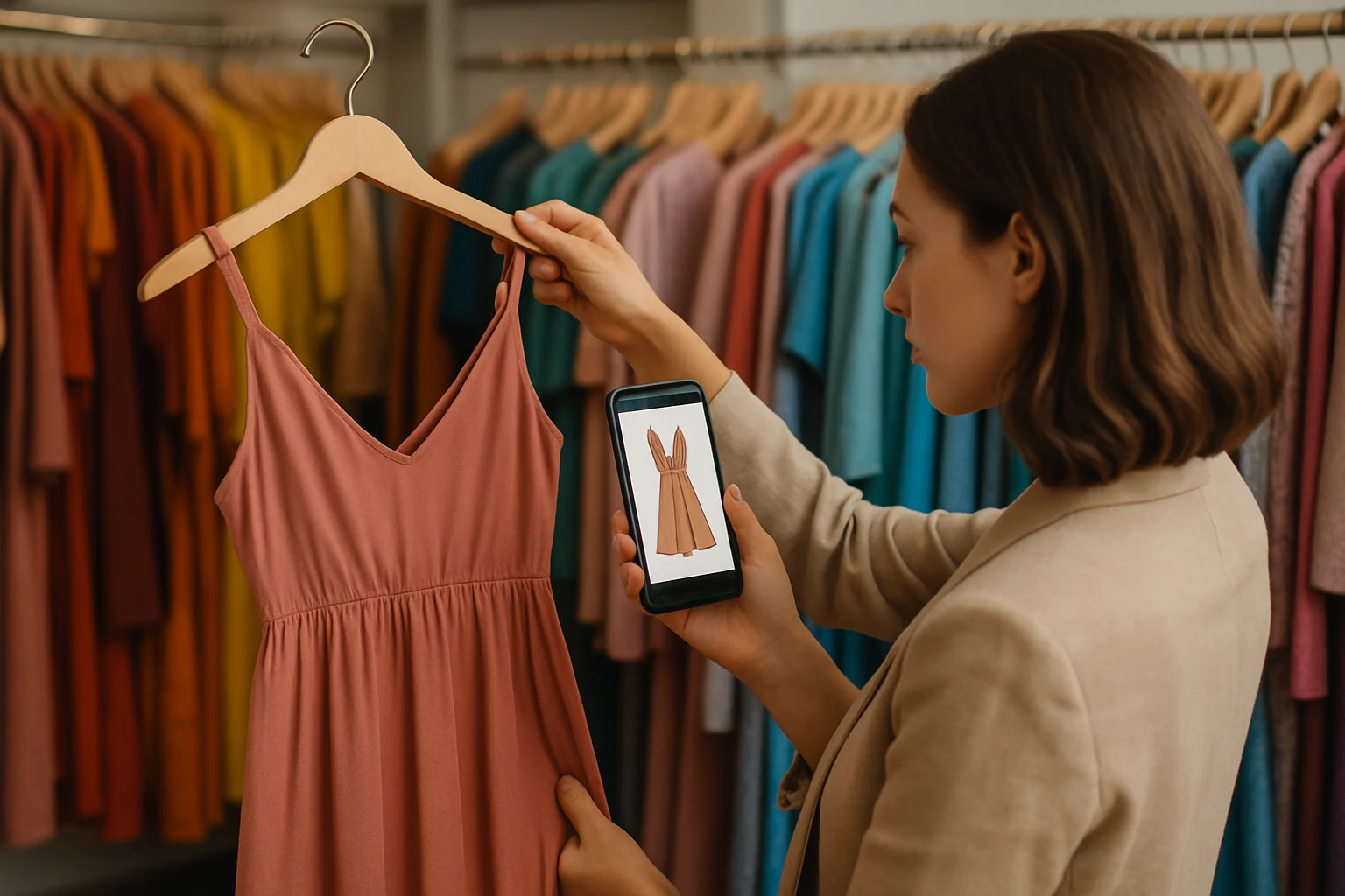 A person stands in a boutique, holding up a dress while comparing it to a style guide displayed on their smartphone, surrounded by racks of colorful clothing.