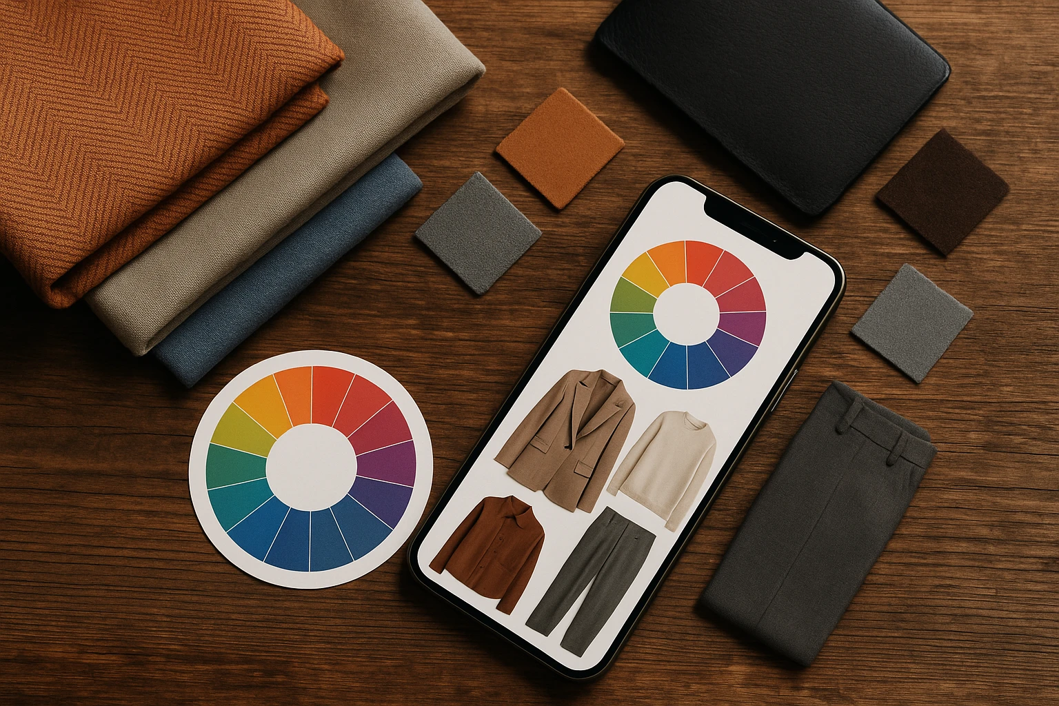 A stylishly curated flat lay featuring a selection of clothing fabrics, accessory swatches, a color wheel, and a sleekly designed app interface displayed on a smartphone, resting on a rustic wooden table.
