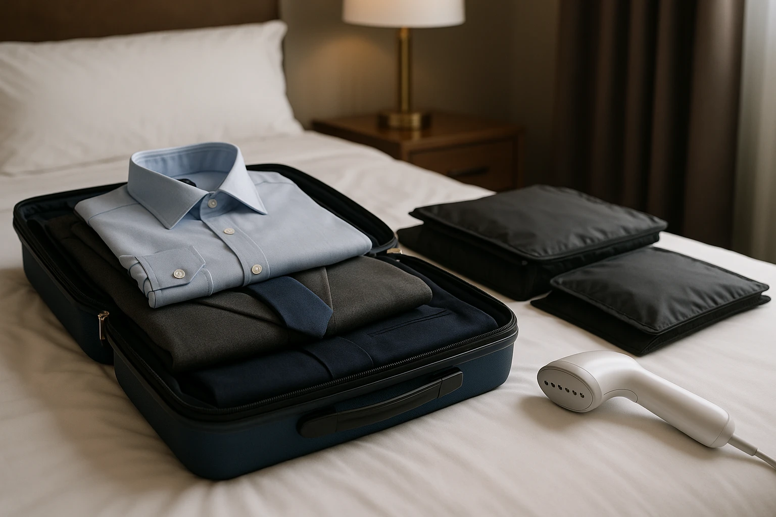 A neatly packed suitcase on a hotel bed, showcasing formal attire meticulously folded with wrinkle-resistant garment bags and a portable steamer beside it, ready for use.