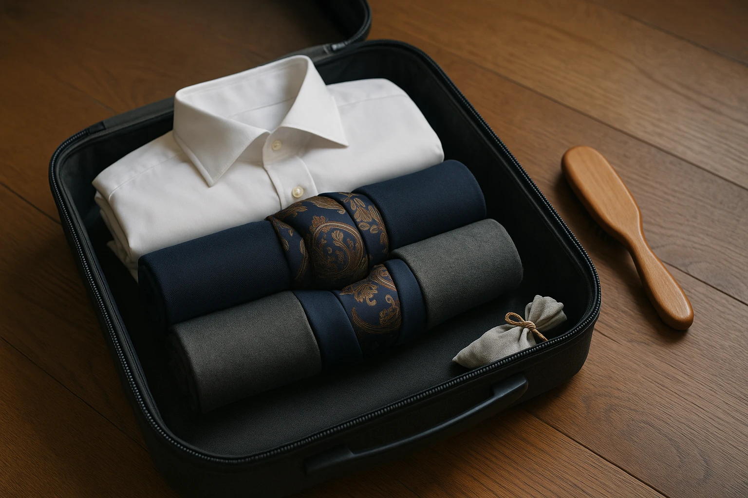 A suitcase lying open on a wooden floor, showcasing formal clothes rolled using the bundle wrapping technique, with a silk scarf used as the central core, and a clothes brush and lavender sachet placed beside it for freshness.