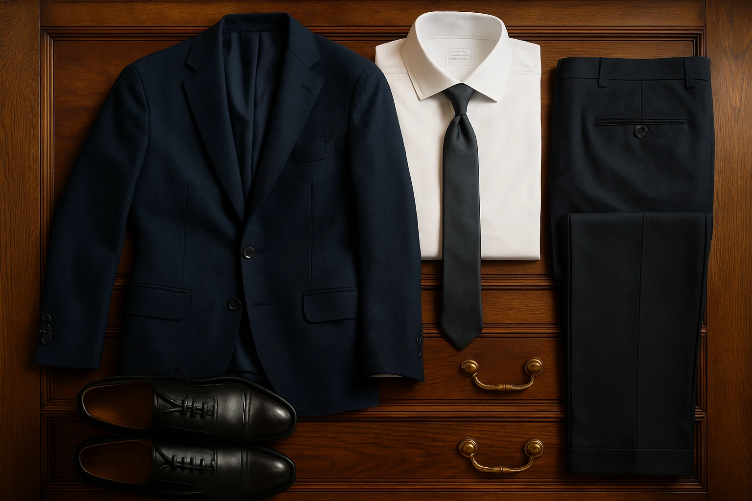A neatly arranged collection of clothing items including a tailored navy blazer, a crisp white shirt, sleek black trousers, a pair of classic oxford shoes, and a silk tie, all laid out on a vintage wooden wardrobe with elegant brass handles.